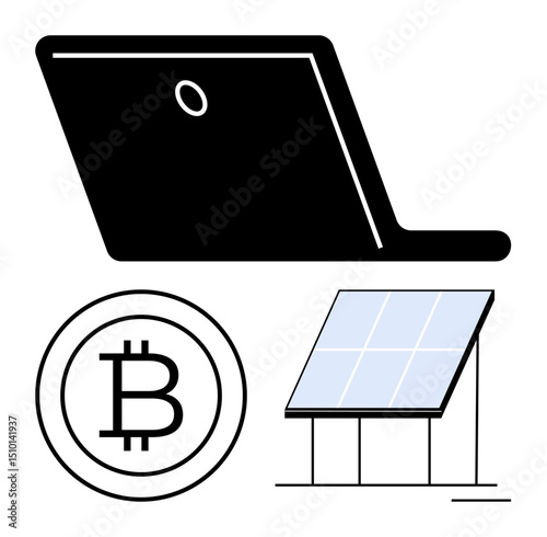 Bitcoin currency, sleek laptop, and solar panel promoting renewable energy and tech efficiency. Ideal for cryptocurrency, blockchain, sustainability, finance, innovation, green technology modern
