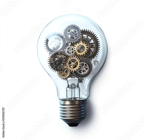 Innovative light bulb with gears inside, white background