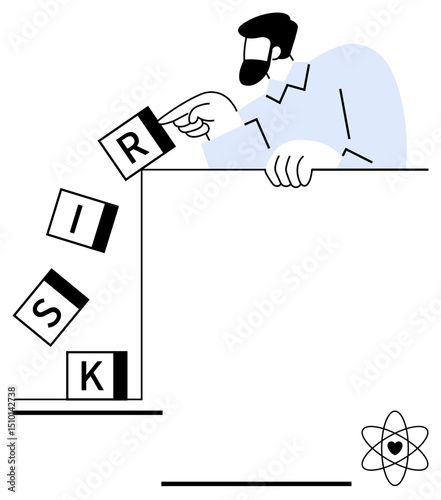 Man adjusts falling blocks with letters spelling RISK near ledge, symbolizing decision-making. Ideal for risk management, leadership, problem solving, strategy, innovation, caution, simple landing