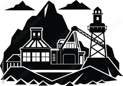 Mining facility silhouette, Oil pump industry equipment factory silhouette vector illustration