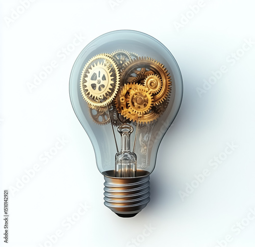 Innovative light bulb with gears inside, white background
