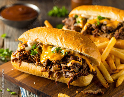 Two hearty cheesesteak sandwiches filled with tender shredded beef, melted cheese, and garnished with fresh herbs are served with golden crispy fries on a wooden board. photo