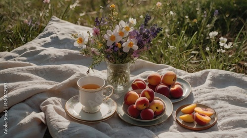 Cozy Spring Picnic on a Soft Blanket with Tea and Flowers