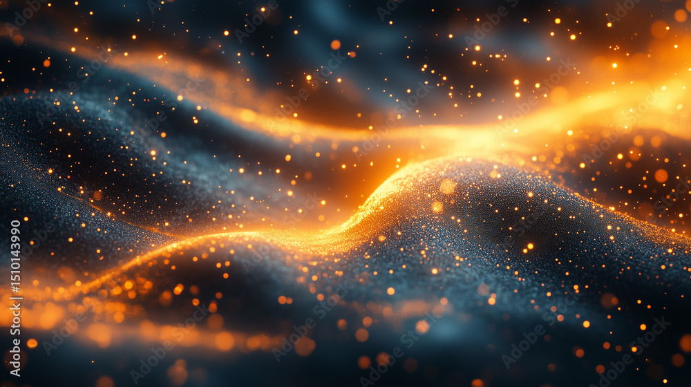Naklejka premium Golden Particle Flow on Dark Abstract Wave Background
