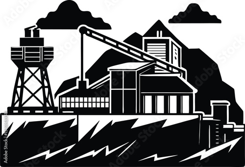 Mining facility silhouette, Oil pump industry equipment factory silhouette vector illustration