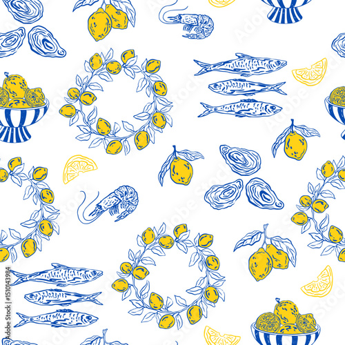 Hand drawn summer Mediterranean vacation seamless pattern. Italy la dolce vita coast food coastal print, wrap paper, retro fabric, textile design. Doodle sketch crayon drawing style vector illustratio