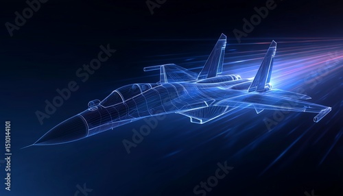 A sleek digital wireframe illustration of a jet in flight, leaving vibrant blue energy trails in its wake