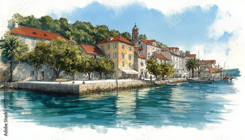 An energetic watercolor scene capturing a seaside harbor with bobbing boats and crimson-roofed houses