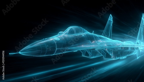 A minimalist wireframe rendering of a high-speed jet, glowing with electric blue motion lines