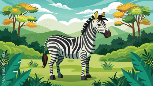 Cartoon Zebra Standing in a Vibrant Green Landscape with Lush Trees and Foliage