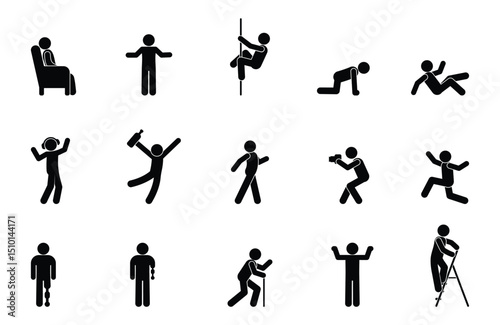 Set people icon, action pictogram black, stick figure human silhouettes, various man postures and movements, vector symbols