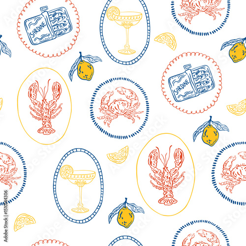 Hand drawn summer Mediterranean vacation seamless pattern. Italy la dolce vita coast food coastal print, wrap paper, retro fabric, textile design. Doodle sketch crayon drawing style vector illustratio