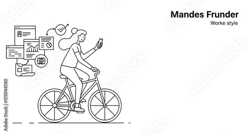 Woman Cycling Using Smartphone in Modern Work Environment with Digital Data and Charts