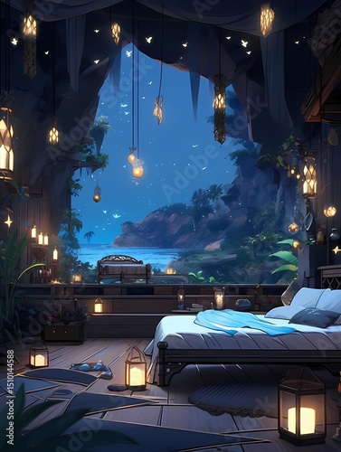 Serene bedroom at night, illuminated by hanging lanterns, plush bed, lush greenery.