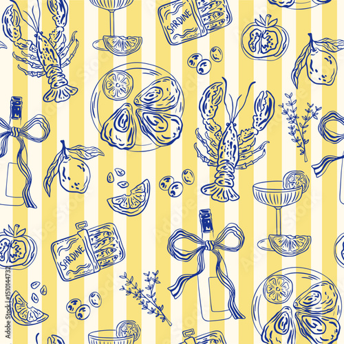 Hand drawn Mediterranean cuisine seamless pattern. Italy la dolce vita coast food coastal print, wrap paper, retro fabric, textile design. Doodle sketch crayon drawing style vector illustration.