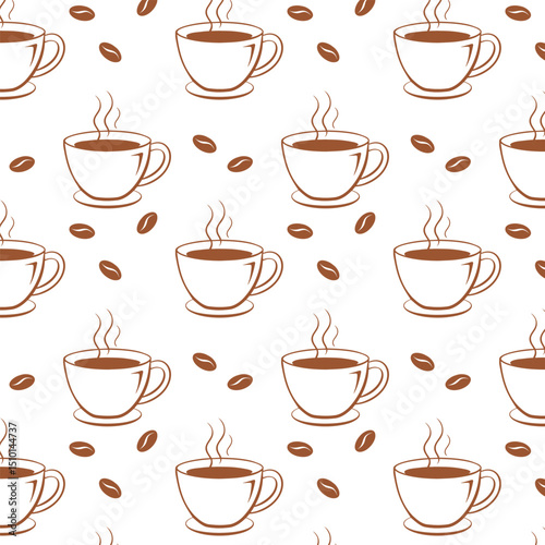 Coffee vibe. Seamless pattern with coffee cups and coffee beans. Restaurant menu background or kitchen wallpaper design.