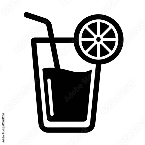 Juice Drink with Straw and Lemon Slice Outline Icon - Refreshment and Beverage Symbol