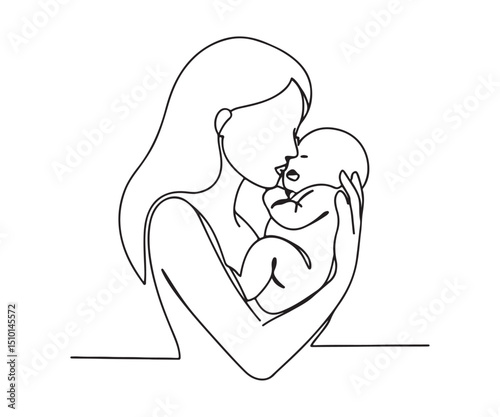 One continuous line drawing of a newborn's tiny feet and a mother cradling her baby. A line art family portrait. A single line forming a hand with a heart.
