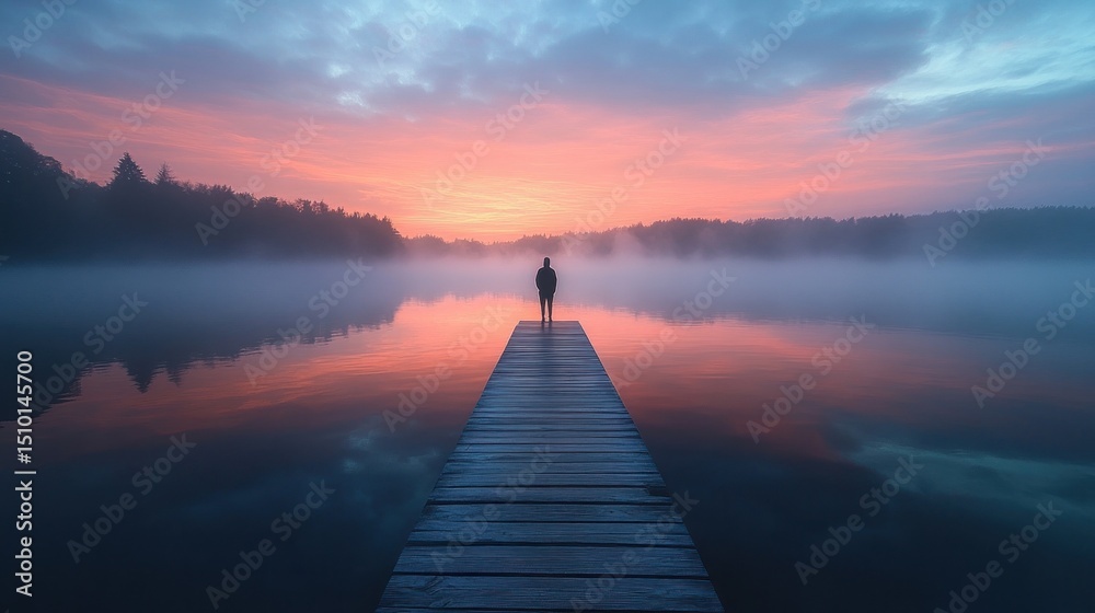 Fototapeta premium Silhouette figure on wooden dock at misty lake sunrise