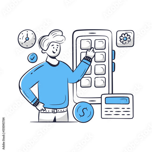 Man interacting with mobile app interface for finance and time management tasks on smartphone screen