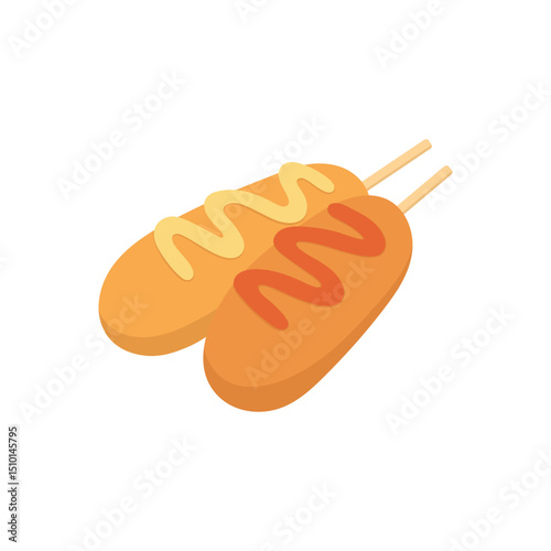 Corn dogs on sticks with mustard and ketchup on top. Ideal for use in snack bar menus, fast food advertising, or street food graphics. Fast food vector illustration isolated on a white background.