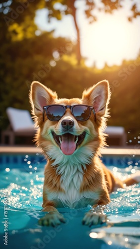 A joyful dog is splashing around in a pool while wearing stylish sunglasses