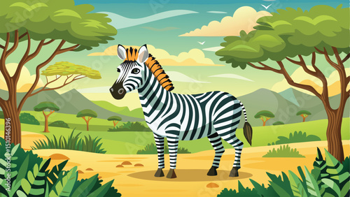 Cartoon Zebra Standing in African Savannah Landscape Illustration with Trees and Mountains