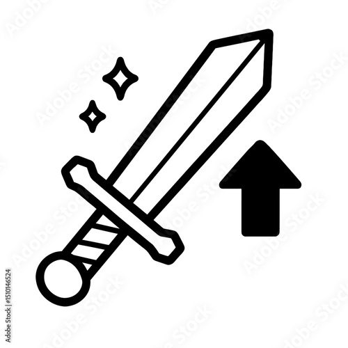 Sword with Upward Arrow and Sparkles Outline Icon - Game Power-Up and Enhancement Symbol