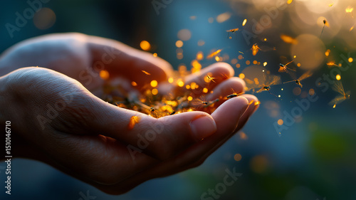 Hands cupping sparkling fireflies over dry leaves, warm light rising, autumn magic theme, cinematic earth-tone photo
