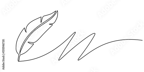 Crow feathers continuous one line drawing. Bird feather. Vector illustration, Scroll with inkwell and feather continuous line drawing. One line art of love letter, papyrus, antique, romance, classic.