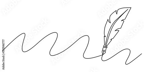 Crow feathers continuous one line drawing. Bird feather. Vector illustration, Scroll with inkwell and feather continuous line drawing. One line art of love letter, papyrus, antique, romance, classic.