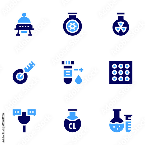 Science icon set. Bold style. Duotone colors. ufo, flask, chemistry, cell, blood test, test tube, qualitative research, ultra chlorine