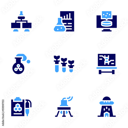Science icon set. Bold style. Duotone colors. transfer, analysis, sample, test tube, test tubes, board, report, flask, abduction