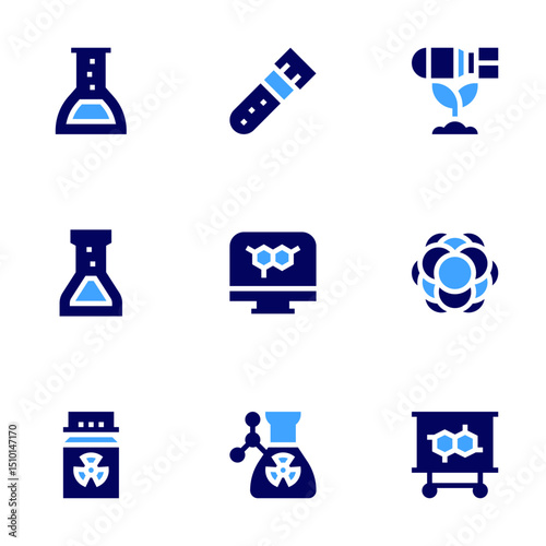Science icon set. Bold style. Duotone colors. test tube, bomb, flask, chemistry, atom, formula