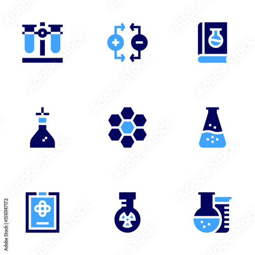 Science icon set. Bold style. Duotone colors. test tubes, chemical reaction, clipboard, magnet, book, cell, flask