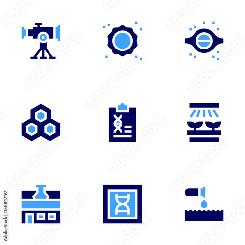 Science icon set. Bold style. Duotone colors. telescope, sun, blackhole, cell, biology, plants, laboratory, dna structure, chlorine