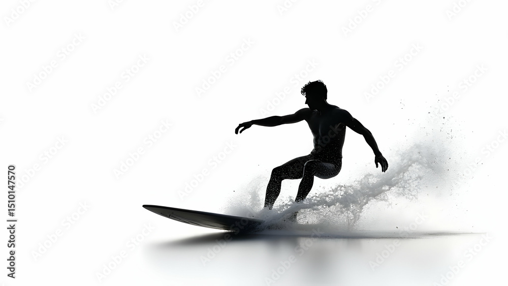 Fototapeta premium Drop Knee Turn Surfing Silhouette: Flowing Spray on Minimalist White Surface