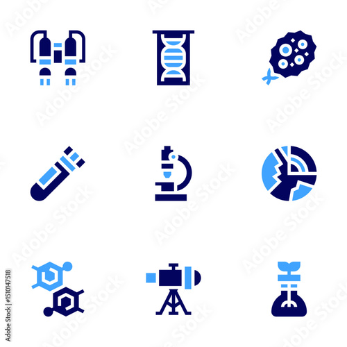 Science icon set. Bold style. Duotone colors. jet pack, genetic, microorganism, test tube, microscope, geology, molecule, telescope