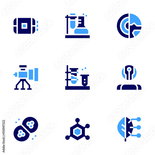 Science icon set. Bold style. Duotone colors. inflatable space habitat, chemistry, planet, telescope, chemical, autonomous, mother cells