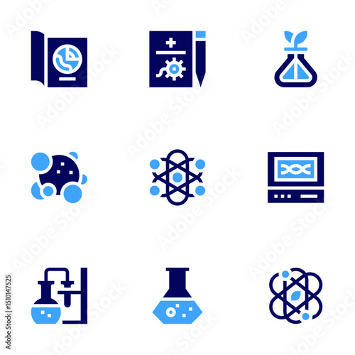 Science icon set. Bold style. Duotone colors. geology, medical report, flask, staphylococcus, physics, testing, chemistry, research, science