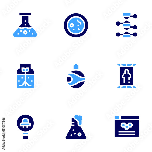 Science icon set. Bold style. Duotone colors. flask, germination, search, cell, genetic, space colonization, teleportation, website