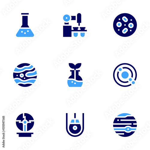 Science icon set. Bold style. Duotone colors. flask, laboratory, cells, mars, orbit, plasma ball, space capsule, jupiter