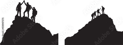 Silhouette of Success. climbed to the top of the mountain. Reaching the Peak Together and thanks each other.