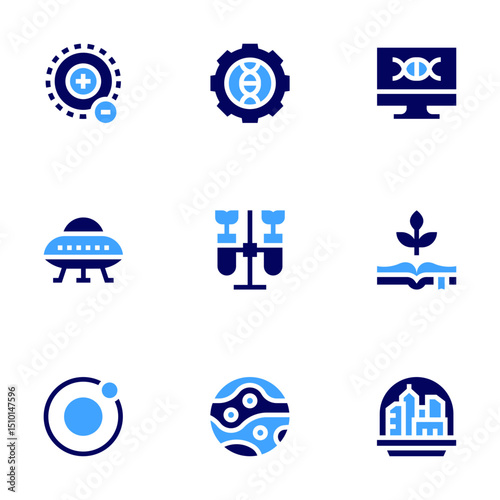 Science icon set. Bold style. Duotone colors. electron, genetic, dna, ufo, chemistry, botany, moon, mars, space colony