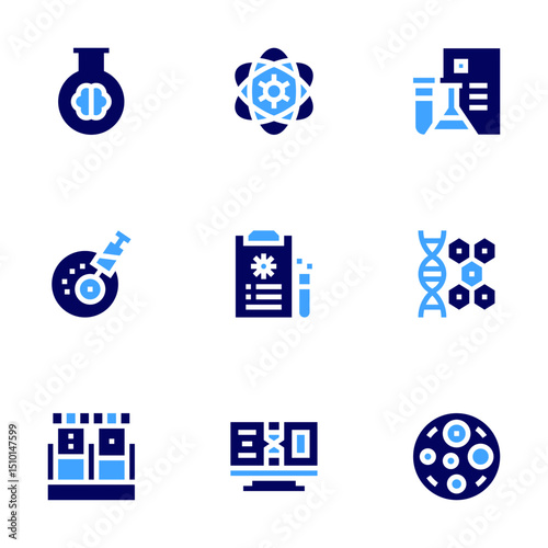 Science icon set. Bold style. Duotone colors. flask, atom, experiment, fertilization, report, genome, blood sample, dna, fat cell