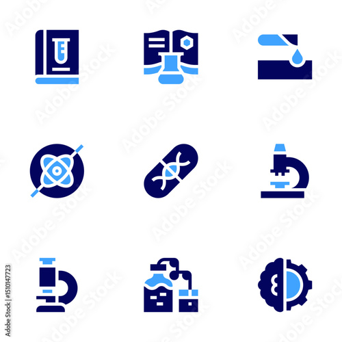 Science icon set. Bold style. Duotone colors. chemistry, book, corrosive, gyroscope, gene therapy, microscope, distilling