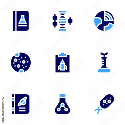 Science icon set. Bold style. Duotone colors. chemistry, dna, geography, mars, report, gmo, astronomy, sulphite, microorganism