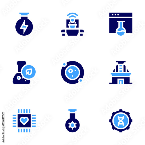 Science icon set. Bold style. Duotone colors. chemical, robot, chemistry, biology, astronomy, observatory, nanotechnology
