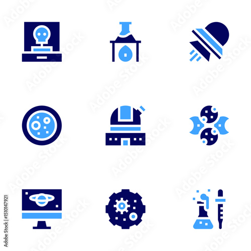 Science icon set. Bold style. Duotone colors. anthropology, flask, ufo, cell, observatory, moon phase, screen, virus, investigation