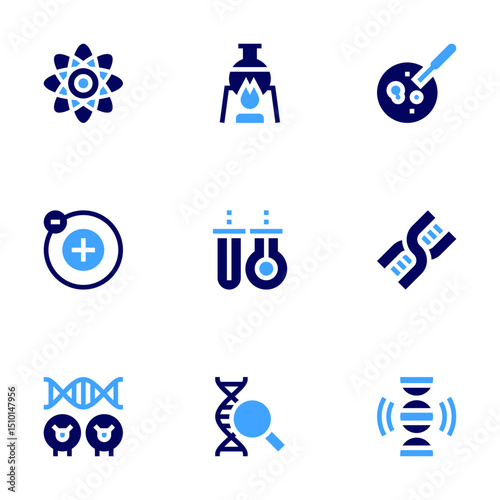 Science icon set. Bold style. Duotone colors. atom, experiment, petri dish, electron, chemistry, dna, cloning, genetics